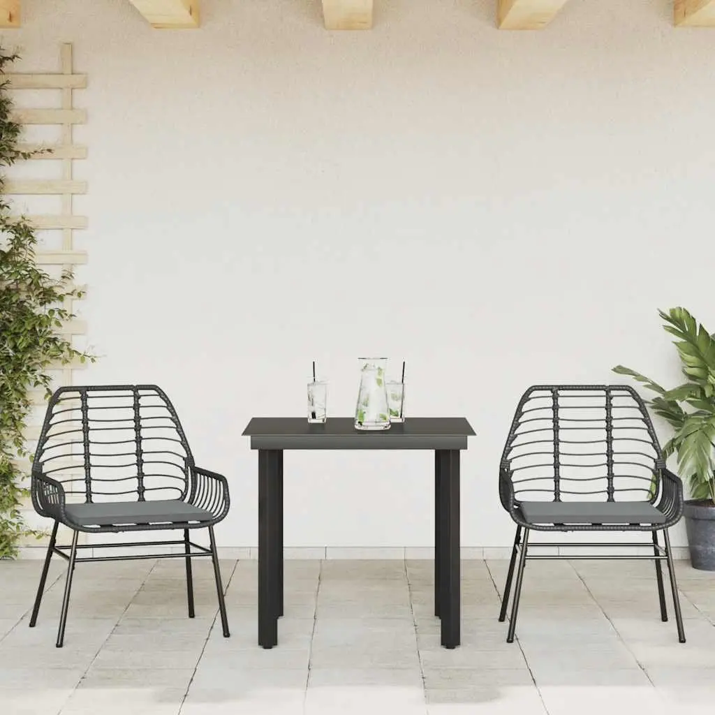 Garden Dining Set 3 Piece Poly Rattan Chairs Glass Table Outdoor Patio Furniture