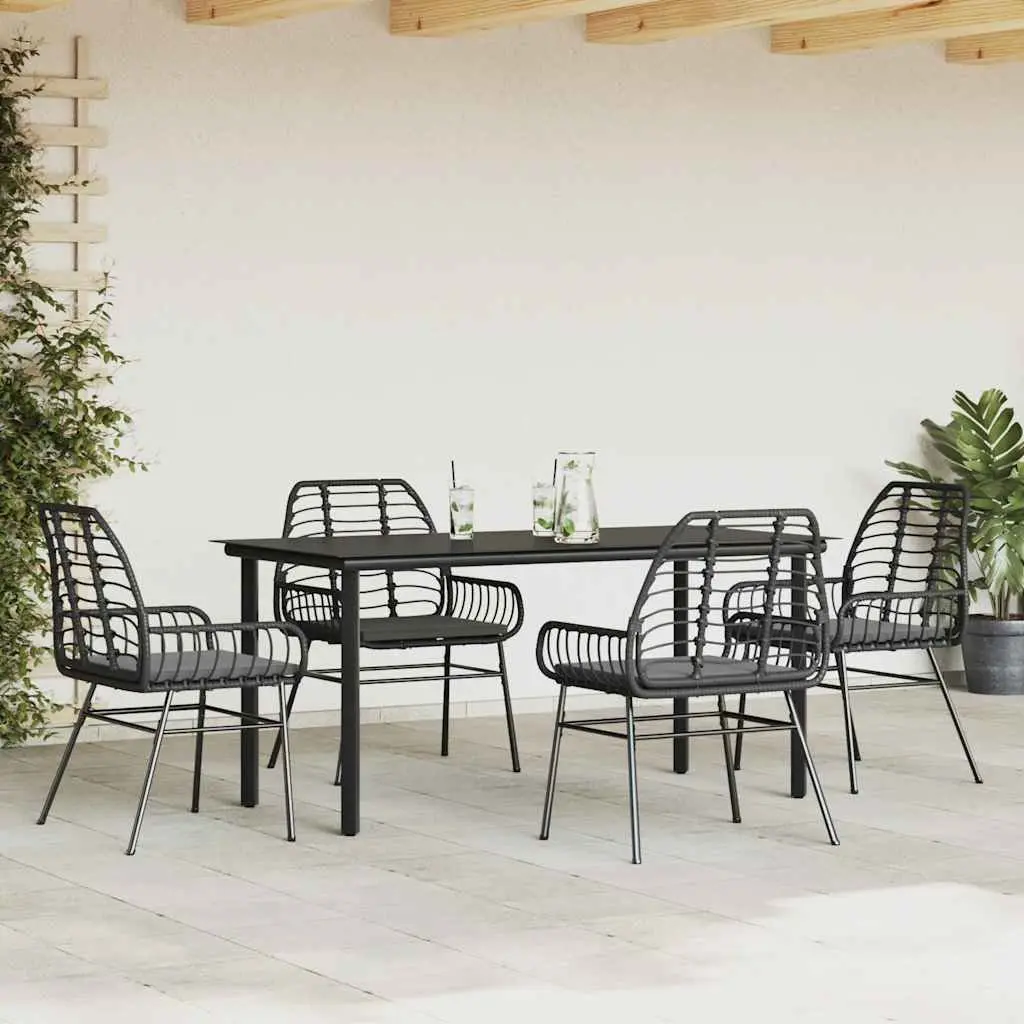 5 Piece Garden Dining Set Black Poly Rattan Tempered Glass Top Chairs with Cushions
