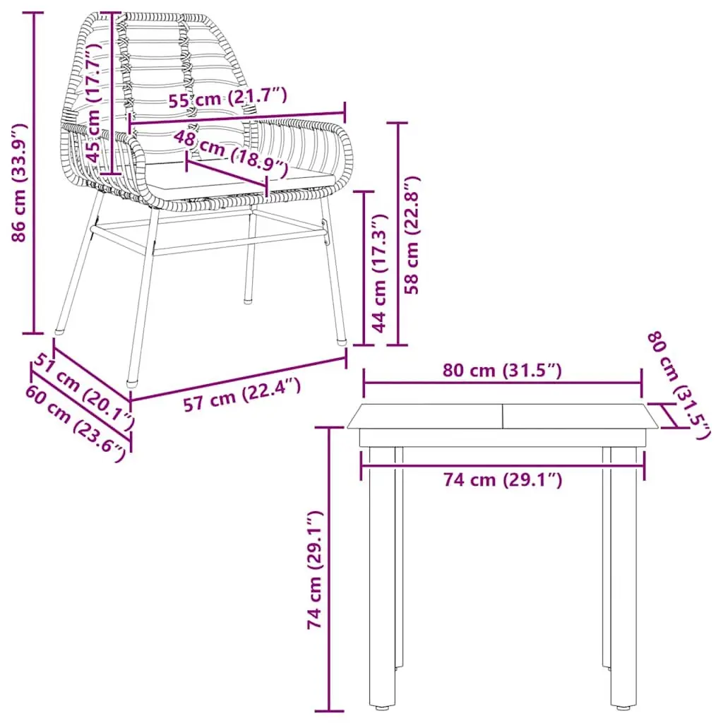 Garden Dining Set 3 Piece Brown PE Rattan Outdoor Furniture with Tempered Glass Top Table