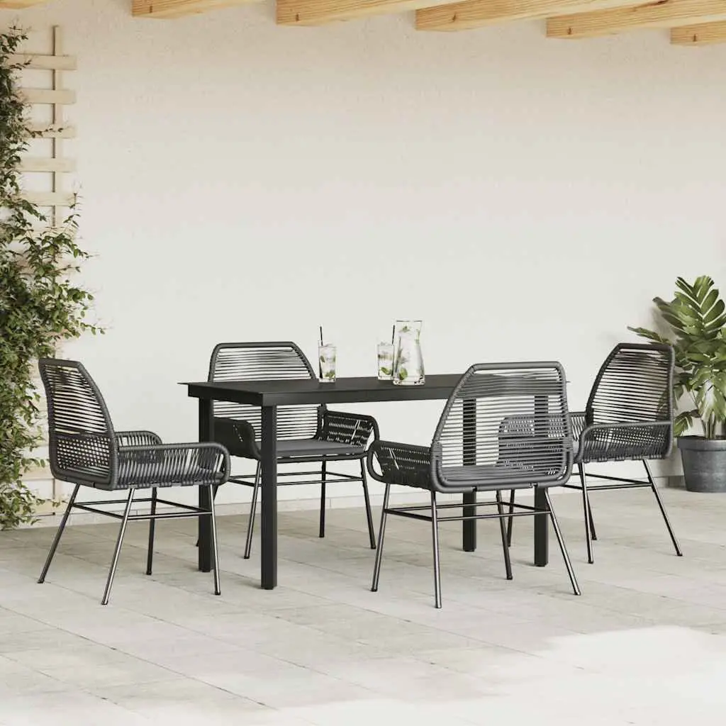 5 Piece Garden Dining Set Black PE Rattan Frame Tempered Glass Table with Cushions