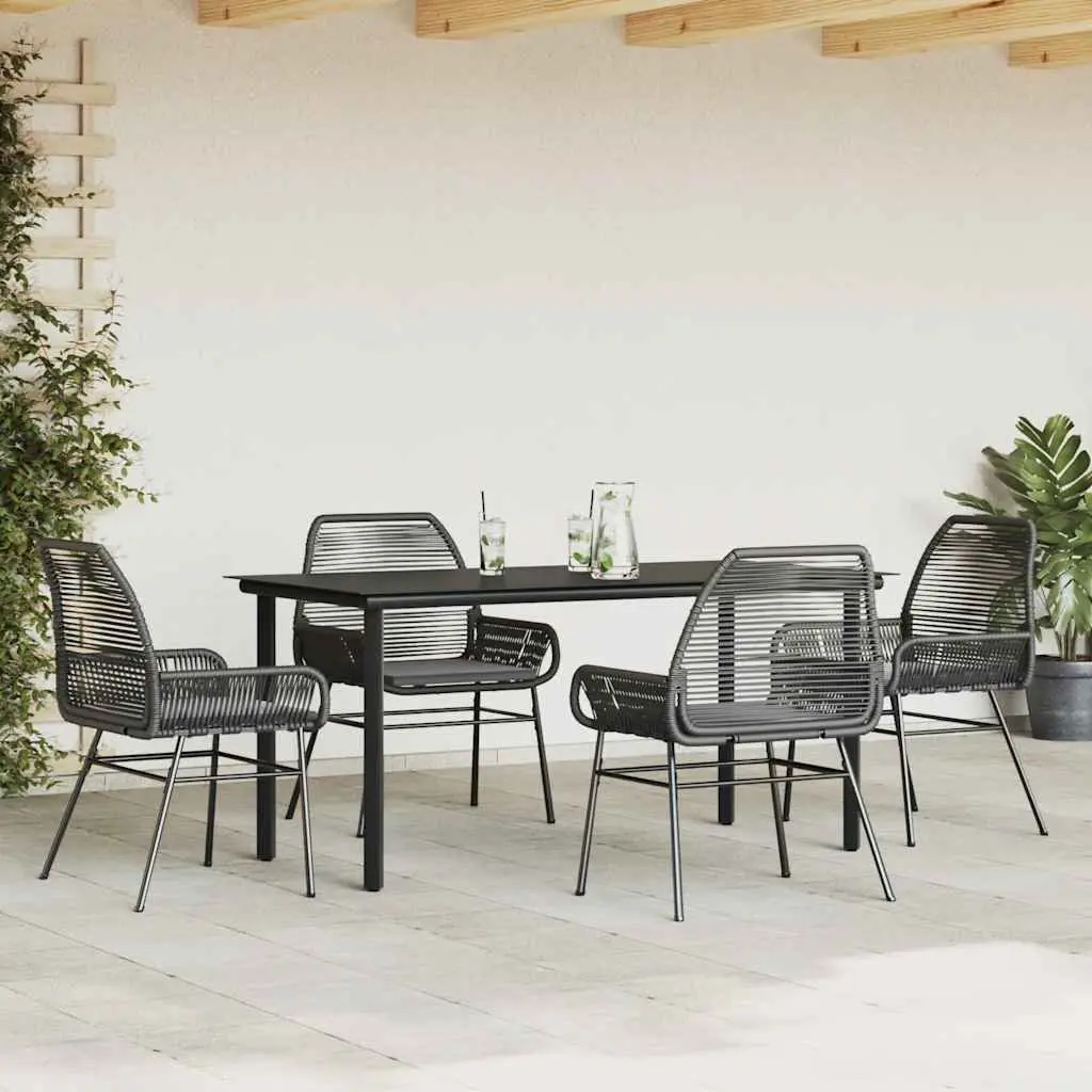 Outdoor Dining Set Black Cushioned Chairs Tempered Glass Table 5 Piece Poly Rattan