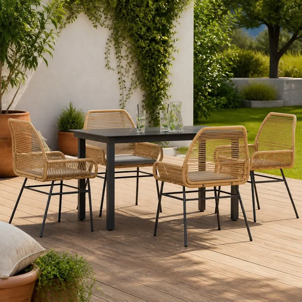 5 Piece Garden Dining Set Brown Poly Rattan Cushions Tempered Glass Outdoor Patio