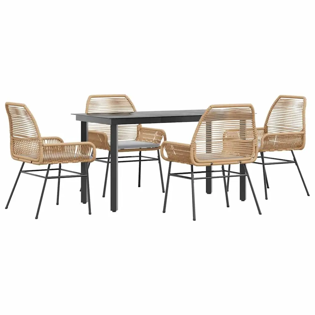 5 Piece Garden Dining Set Brown Poly Rattan Cushions Tempered Glass Outdoor Patio