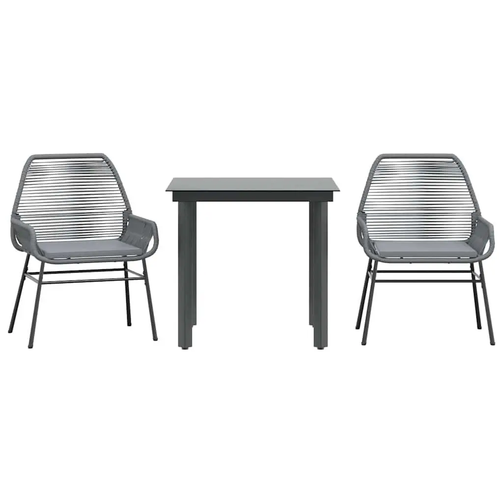 Garden Dining Set 3 Piece Grey Poly Rattan Cushioned Seating with Tempered Glass Table