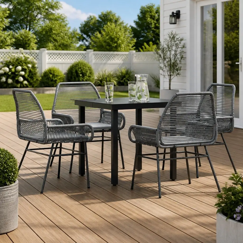 5 Piece Outdoor Dining Set Grey Poly Rattan Patio Furniture Table and Chairs