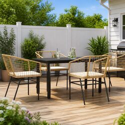 Brown Garden Dining Set 5 Piece Outdoor Patio Furniture Glass Table Cushions