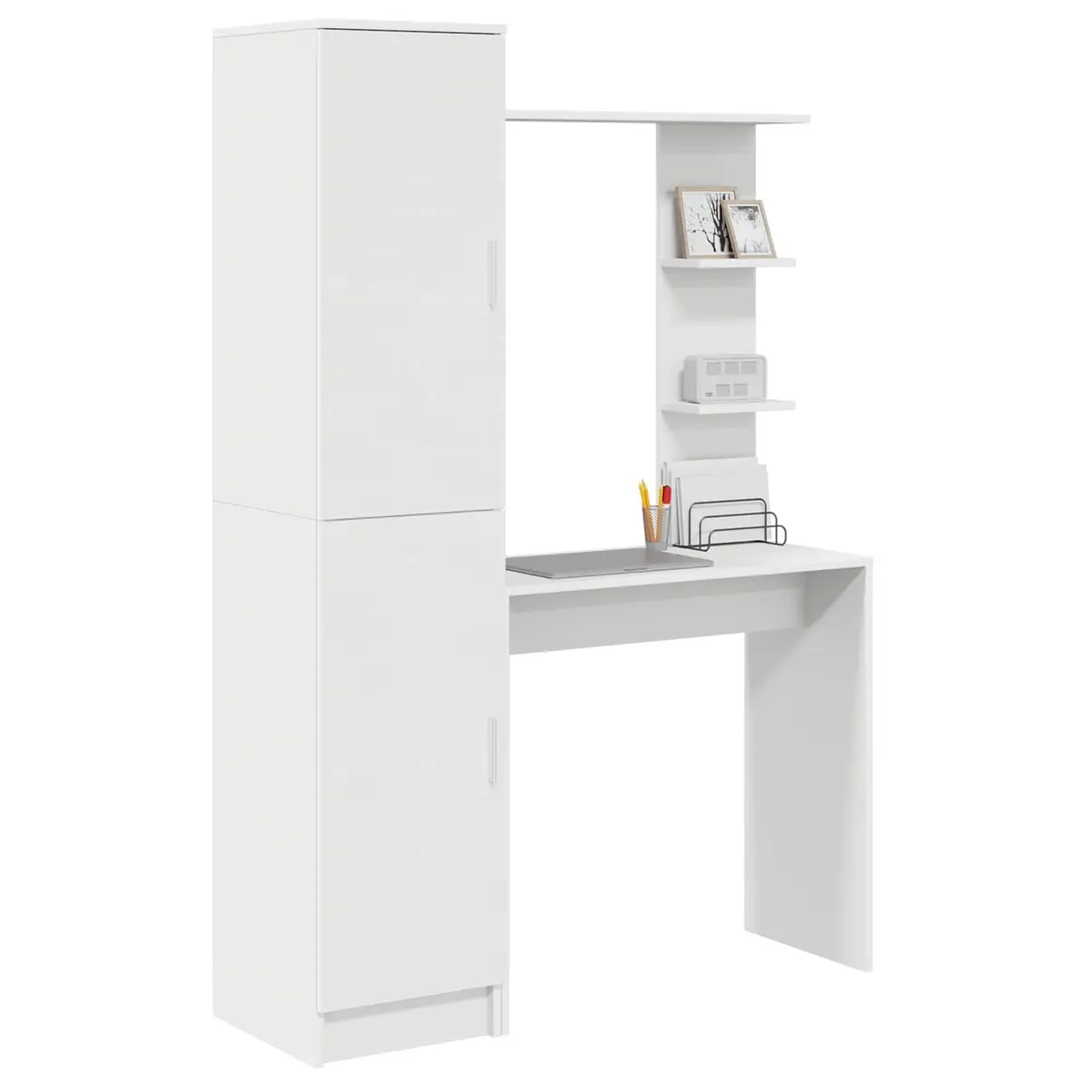 Desk 2 Piece White Engineered Wood with Shelves and Hinged Doors for Office Workspace Storage