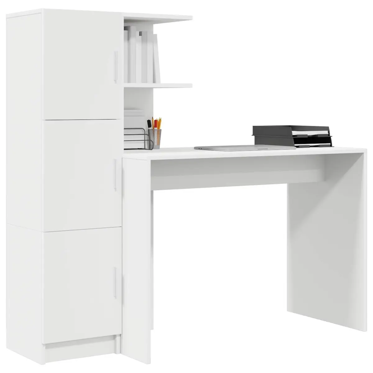 White Desk Set 2 Piece with Storage Cabinet and Shelves Modern Office Furniture