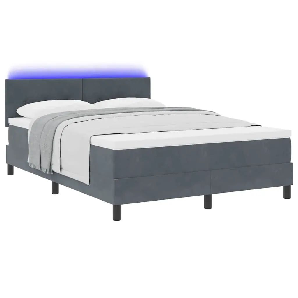Box Spring Bed 152x203cm Dark Grey White Fabric Adjustable Headboard with LED Lights