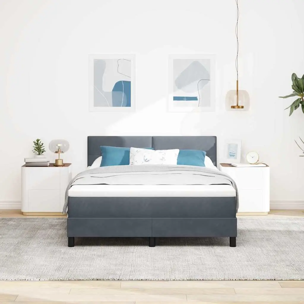 Box Spring Bed 152x203cm Dark Grey White Fabric Adjustable Headboard with LED Lights