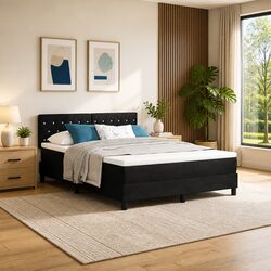 Box Spring Bed Black White 152x203cm Velvet Adjustable Headboard LED Lights