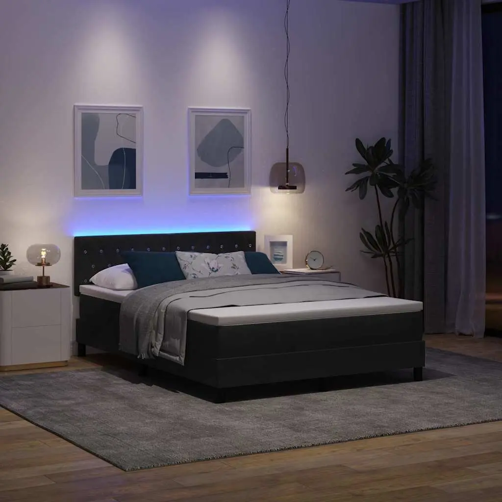 Box Spring Bed 152x203cm Velvet Adjustable Headboard with LED Lights