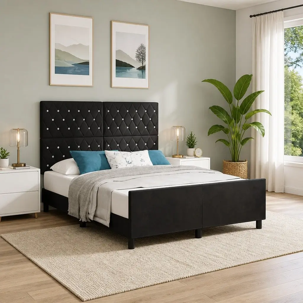 Bed Frame with Headboard Black 152 x 203 cm Velvet Upholstered Modern Bedroom