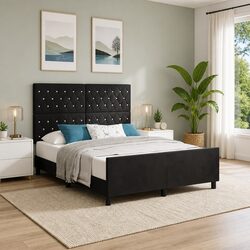 Stylish Black Velvet Bed Frame 152 x 203 cm for Modern Bedrooms