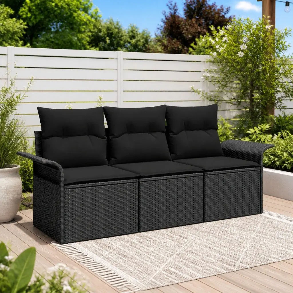 Outdoor Sofa Set 3 Piece Modular Black Poly Rattan Weather Resistant with Cushions