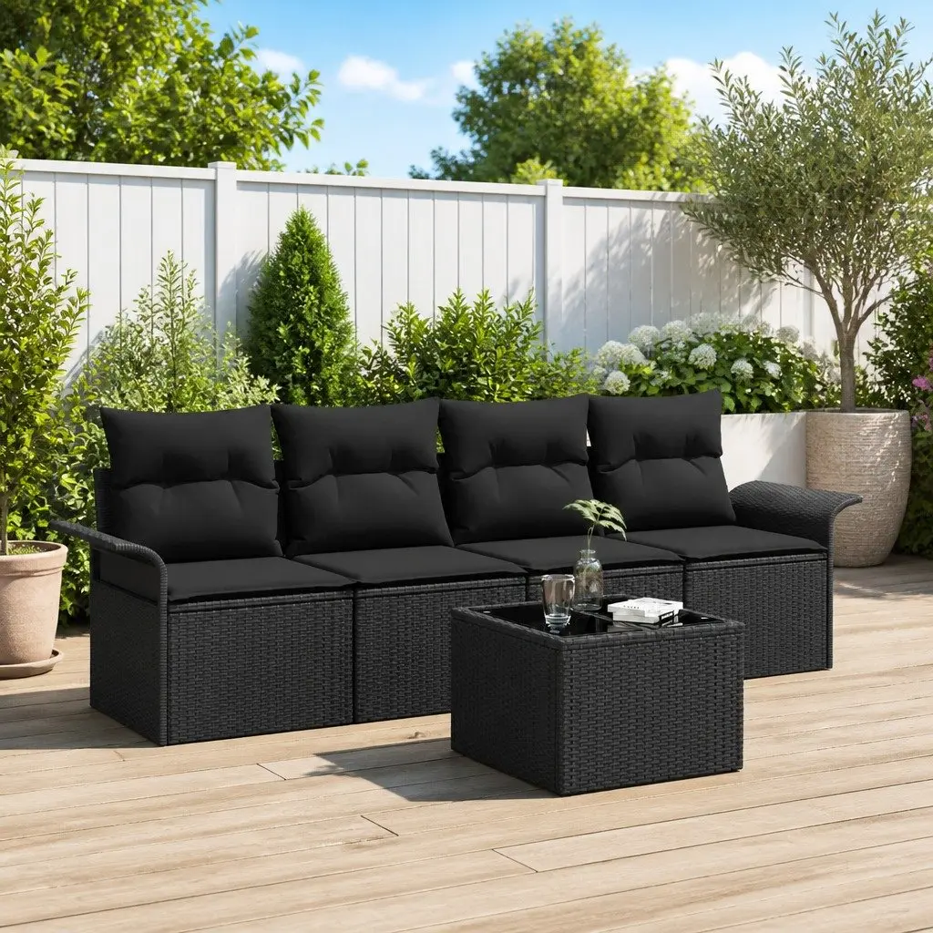 Modular Outdoor Sofa Set 5 Piece Black Poly Rattan Weather Resistant with Cushions