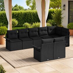 8-Piece Garden Furniture Set in Black Rattan with Cushions