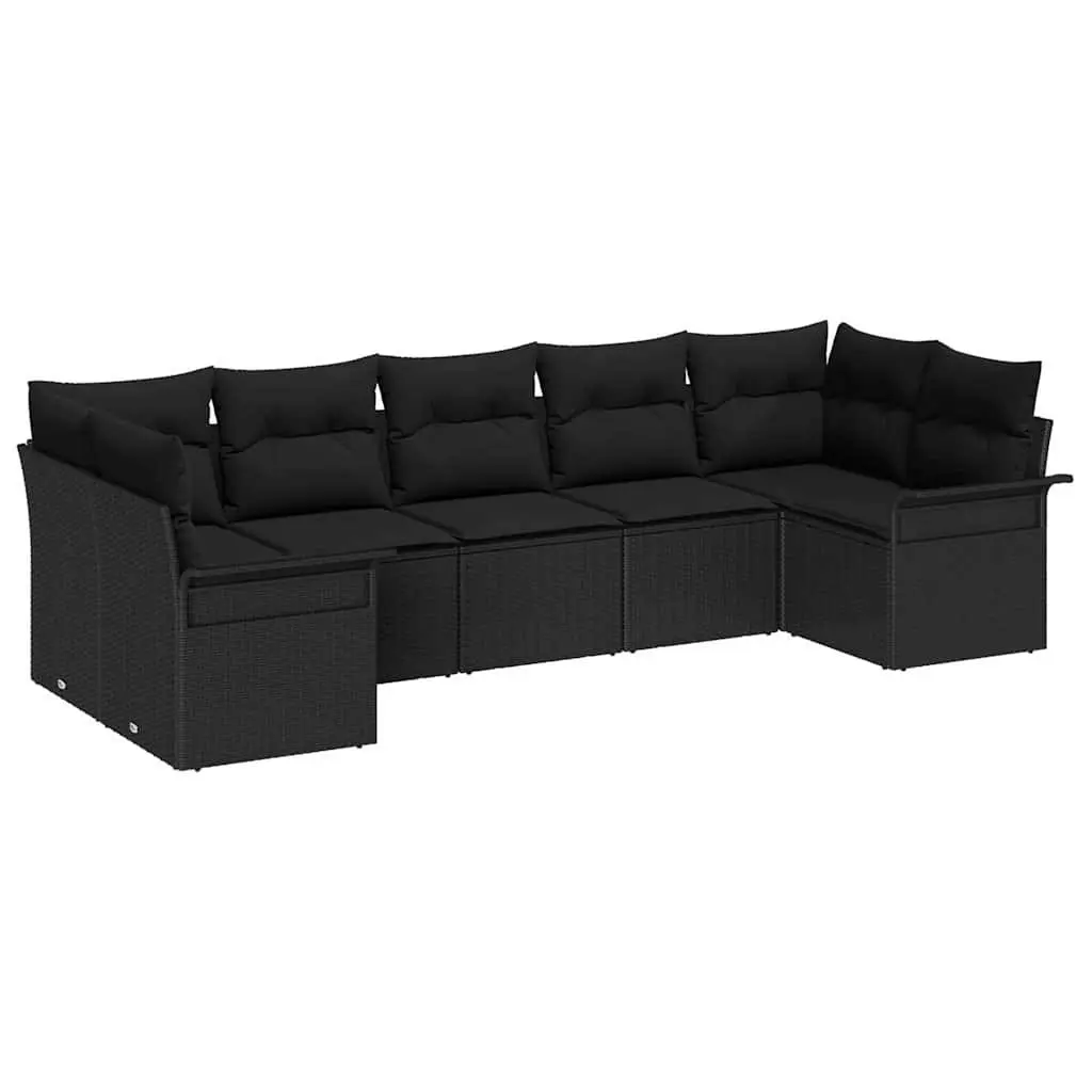 Modular Garden Sofa Set 7 Pieces Black Poly Rattan with Removable Cushion Covers and Tempered Glass Table