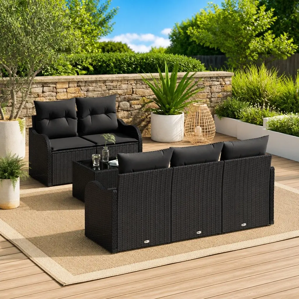 Modular Garden Sofa Set Black Poly Rattan Outdoor Furniture with Tempered Glass Table