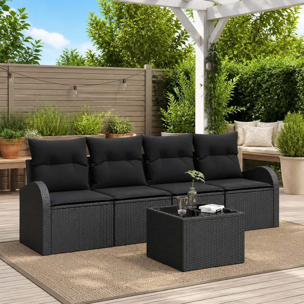Outdoor Garden Sofa Set Black Modular Patio Seating with Cushions and Glass