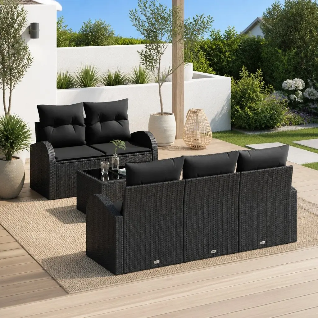 Outdoor Garden Sofa Set Black Poly Rattan Sectional with Tempered Glass Table