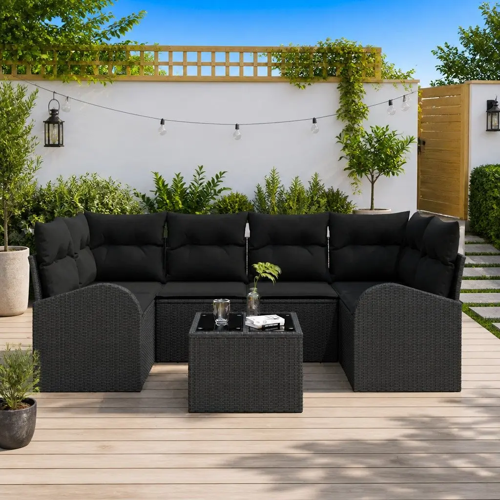Modular Outdoor Garden Sofa Set Black Poly Rattan with Glass Table
