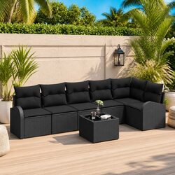 Garden Sofa Set 7 Piece Outdoor Furniture Patio Lounge Black Poly Rattan Cushion