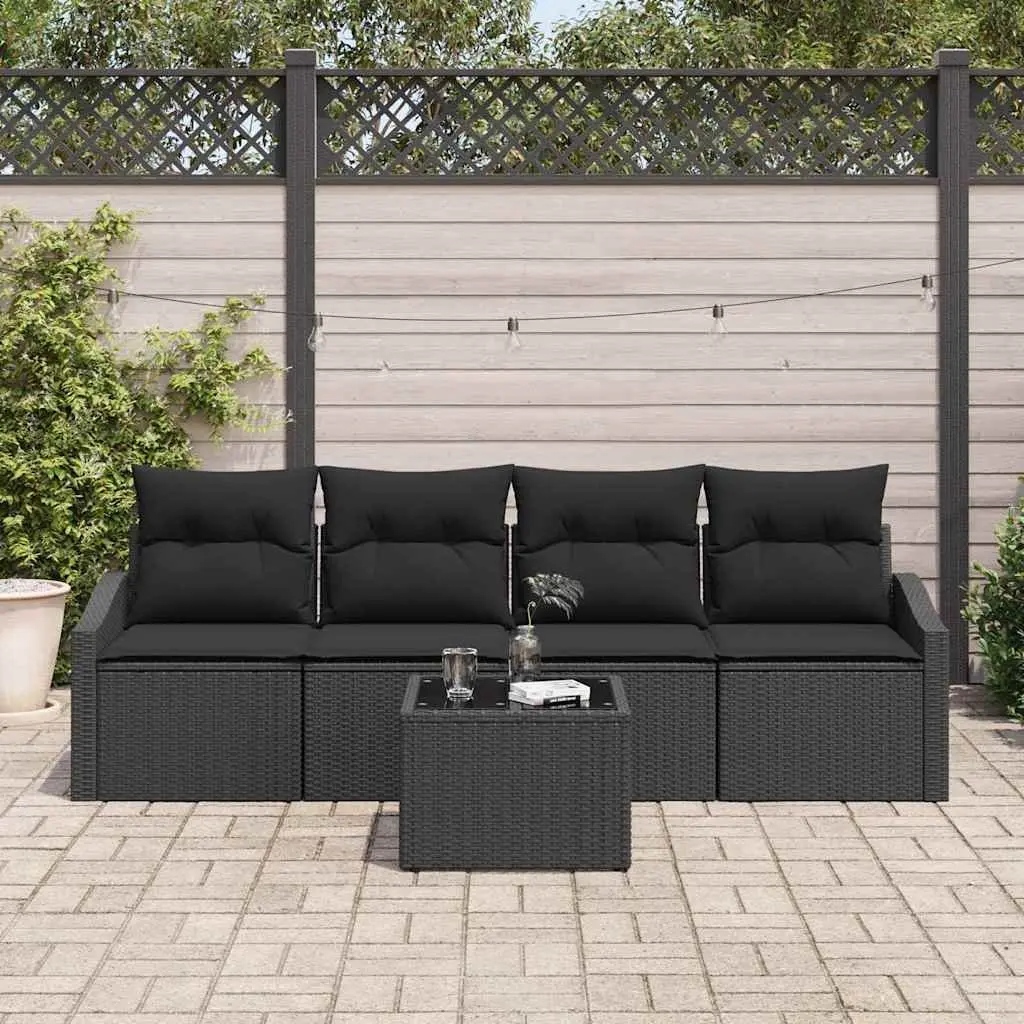 Outdoor Sofa Set 5 Pieces Black Poly Rattan Modular Lounge with Cushions