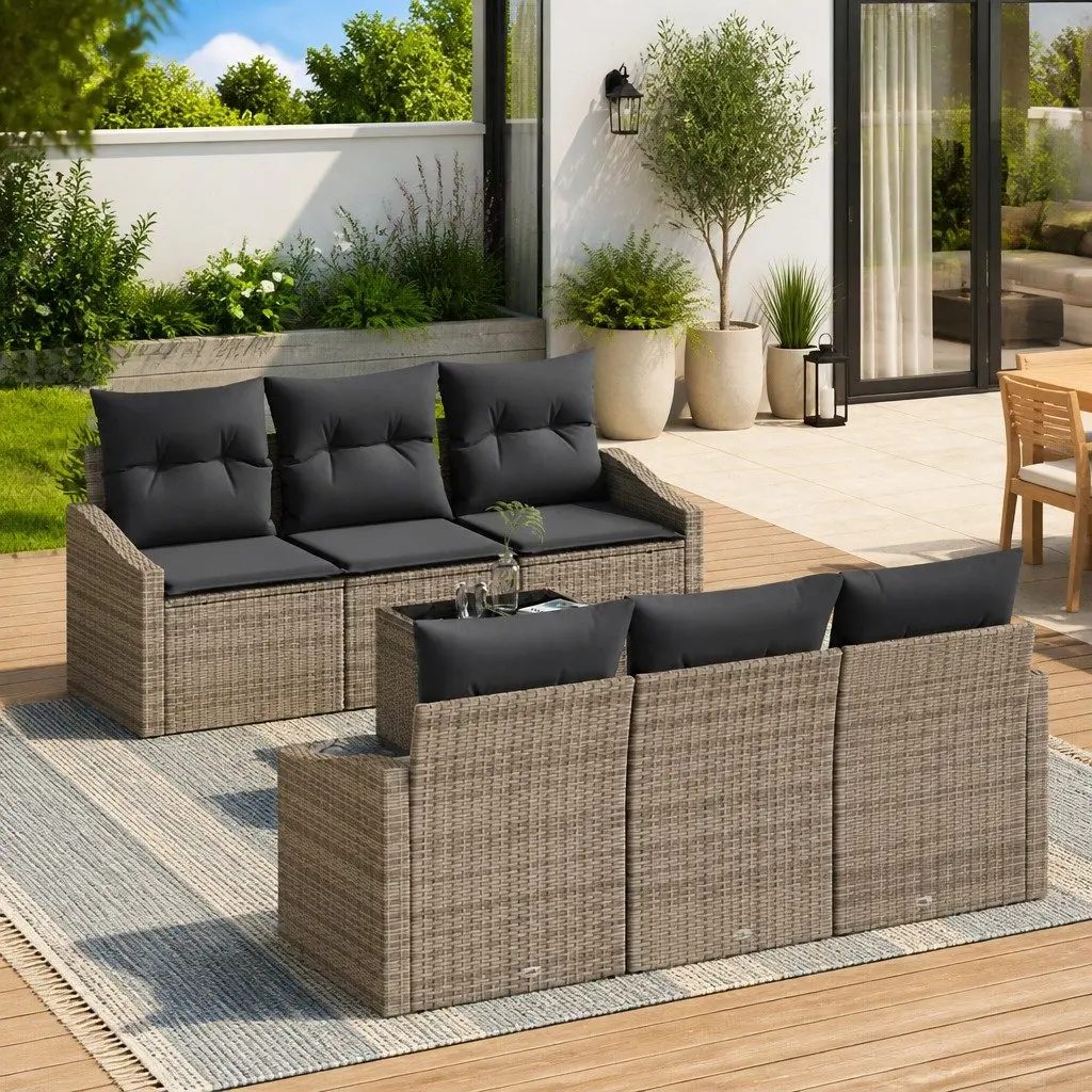 Outdoor Sofa Set 7 Piece Grey Weather Resistant Poly Rattan with Cushions and Storage Table