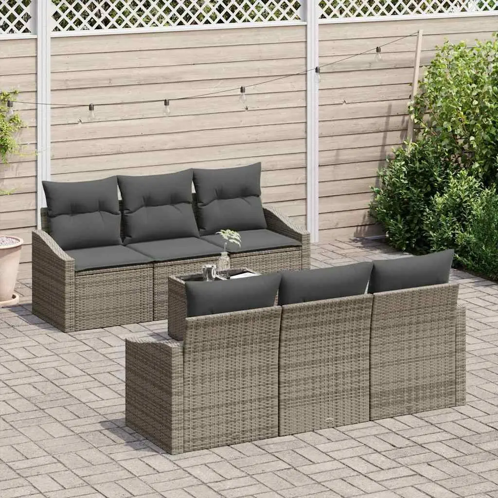 Outdoor Sofa Set 7 Piece Grey Weather Resistant Poly Rattan with Cushions and Storage Table