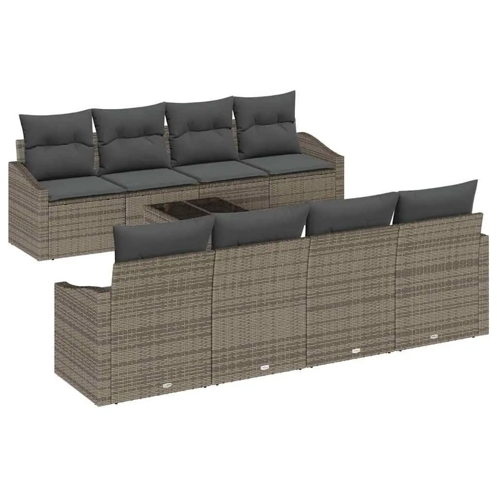 Outdoor Sofa Set Grey Poly Rattan Garden Furniture 9 Pieces with Cushions Table