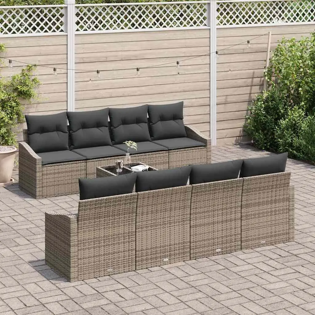 Outdoor Sofa Set Grey Poly Rattan Garden Furniture 9 Pieces with Cushions Table