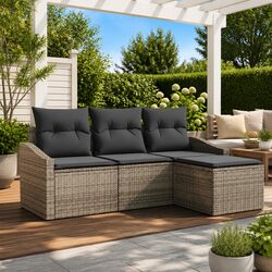 Outdoor Sofa Set 4 Pcs Grey Poly Rattan Garden Furniture Height Adjustable Table