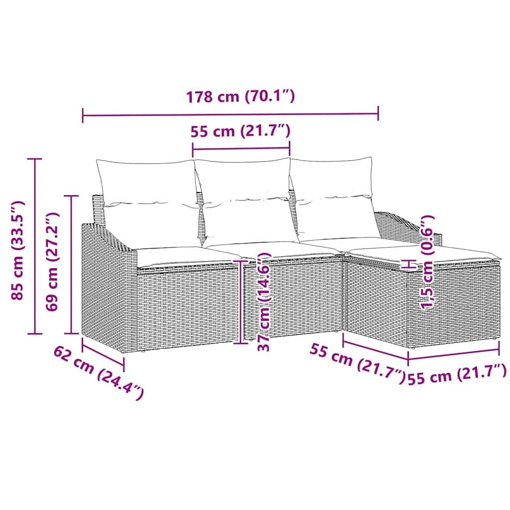 Outdoor Sofa Set 4 Piece Grey Poly Rattan Height Adjustable Table