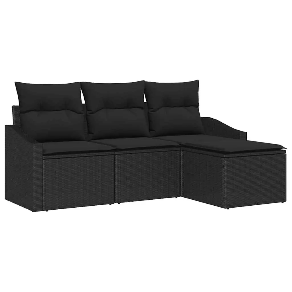 4 Piece Outdoor Sofa Set Black Poly Rattan Hand-Woven Weather-Resistant Garden Furniture