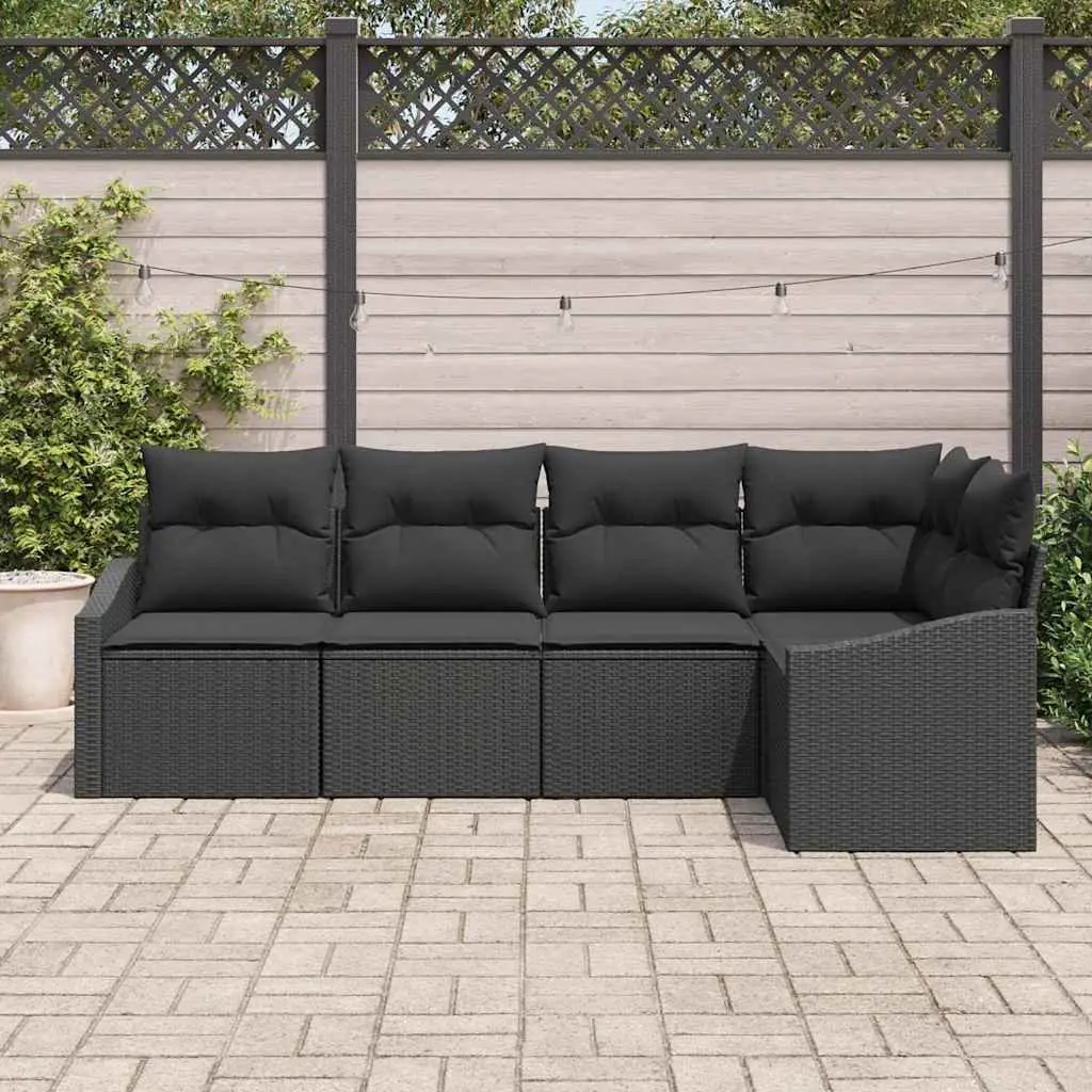 Outdoor Sofa Set 5 Piece Black Poly Rattan Weatherproof with Cushions