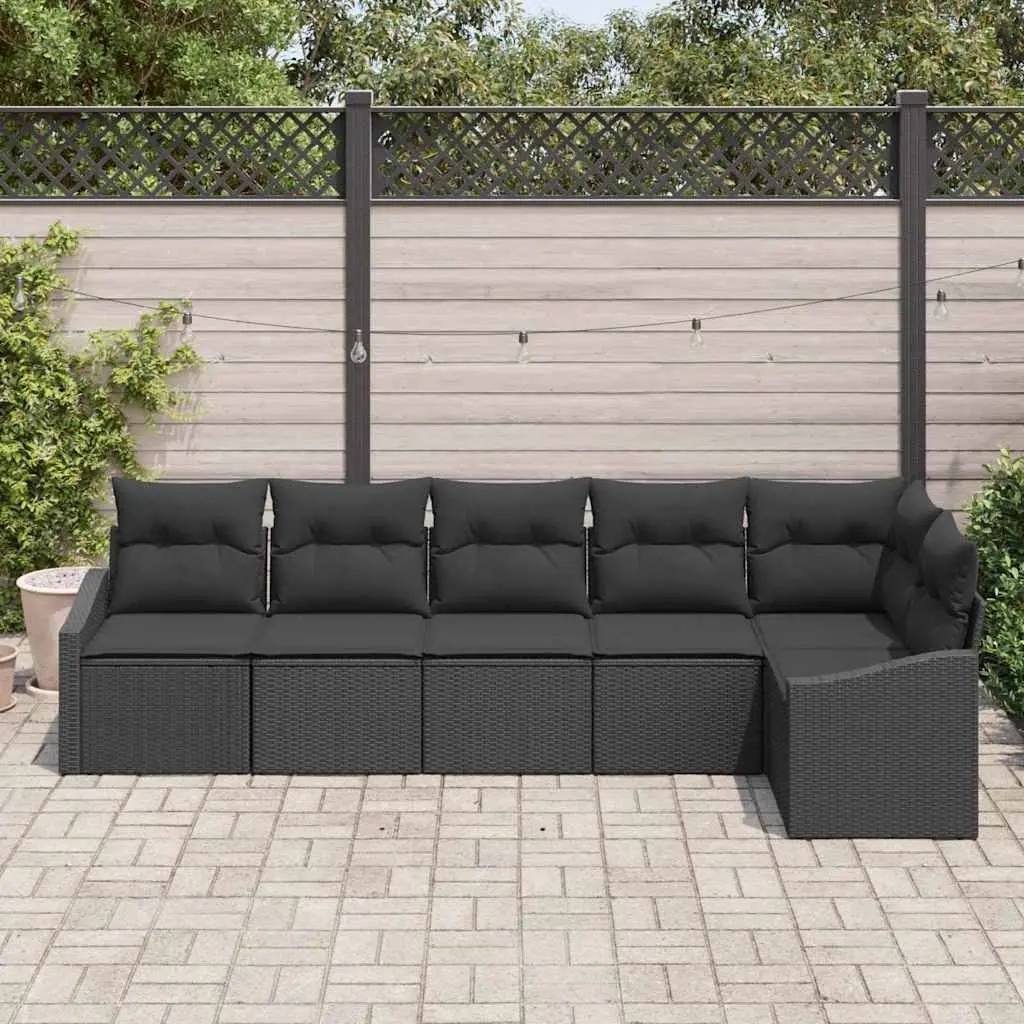 Outdoor Sofa Set 6 Piece Black Poly Rattan Cushioned Seating for Patio Garden