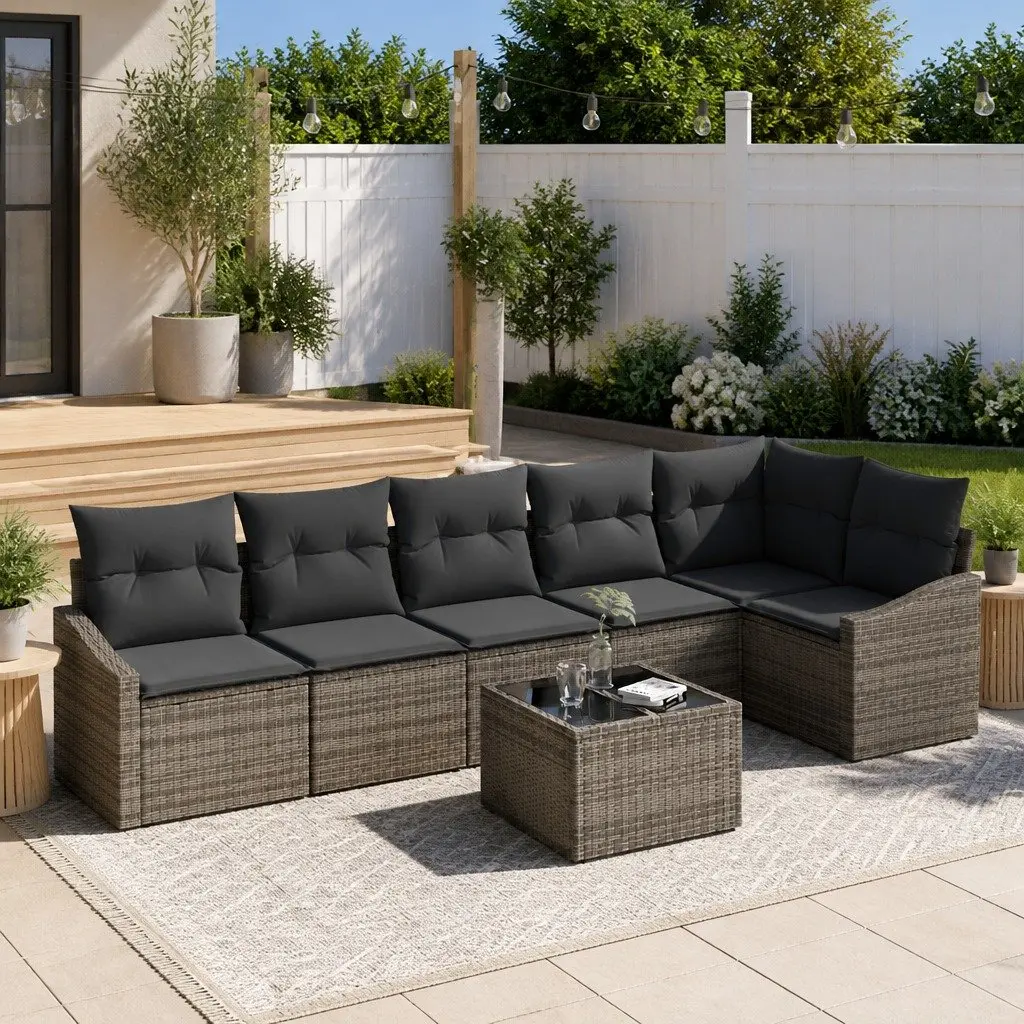 Grey Poly Rattan 7 Piece Outdoor Sectional Sofa Set with Cushions and Height Adjustable Table for Patio and Garden Relaxation