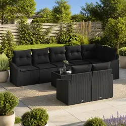 Outdoor Garden Sofa Set 9 Piece Black Poly Rattan Patio Furniture with Cushions
