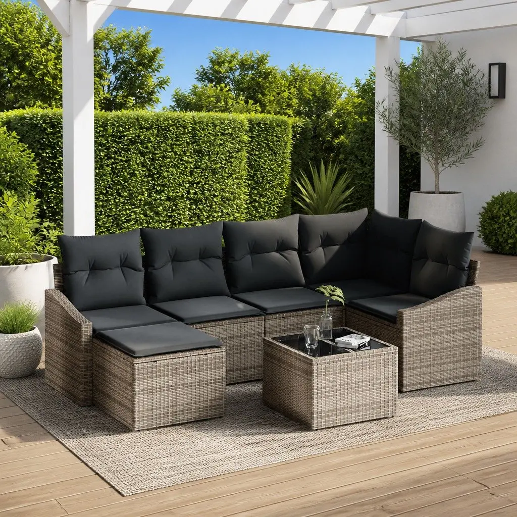 Outdoor Sofa Set 7 Piece Grey Poly Rattan Modular Patio Lounge Furniture