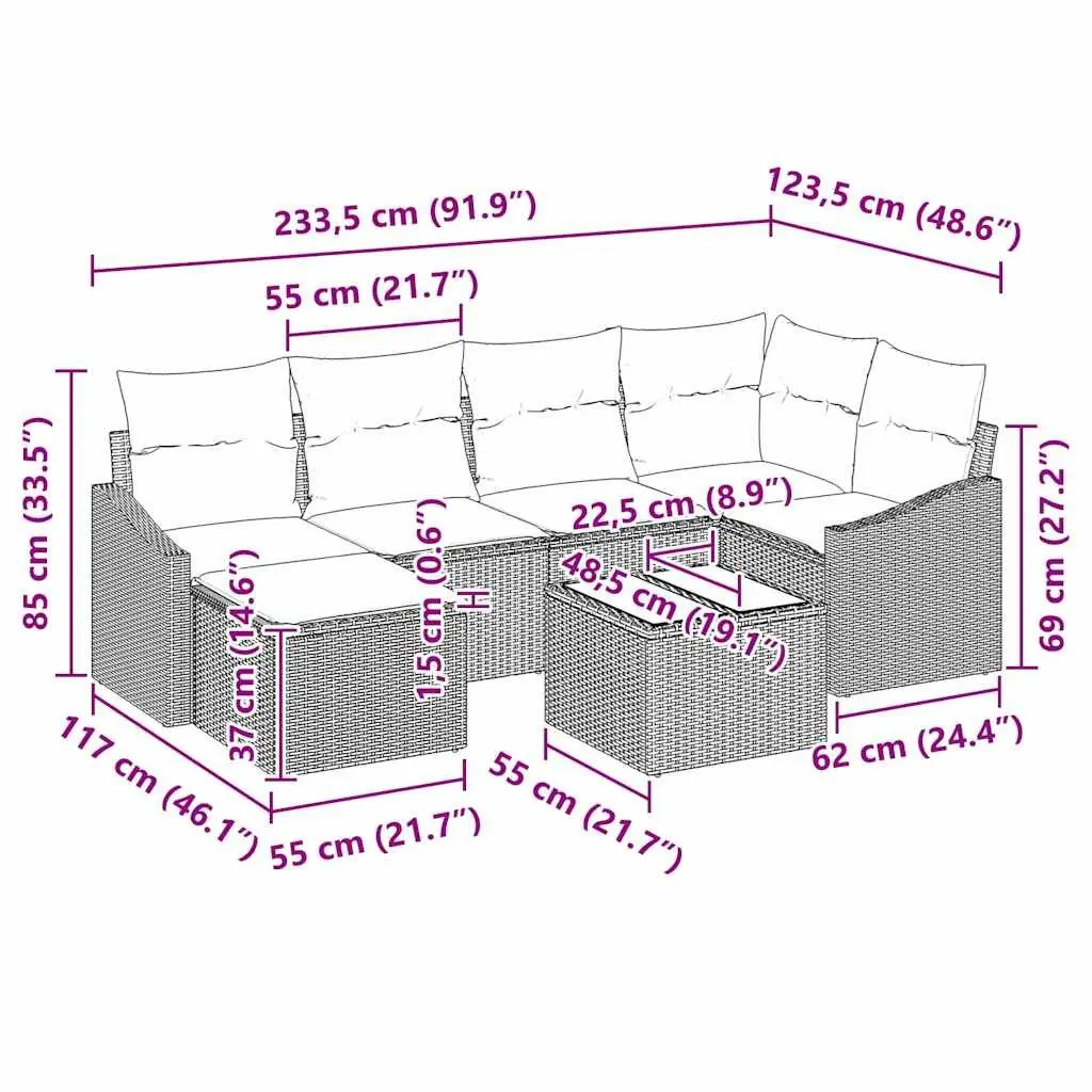 Outdoor Sofa Set 7 Piece Grey Poly Rattan Modular Patio Lounge Furniture