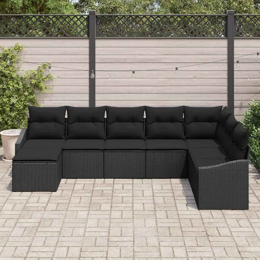 Outdoor Garden Sofa Set 8 Piece Modular Black Poly Rattan Furniture with Height Adjustable Table and Removable Cushions