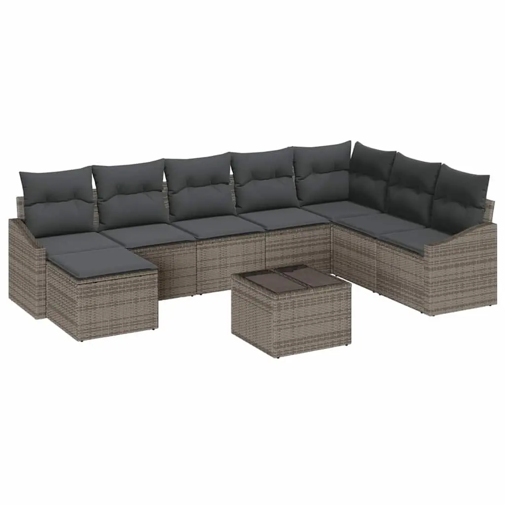 Modular Outdoor Sofa Set 9 Piece Grey Poly Rattan with Cushions and Height Adjustable Table