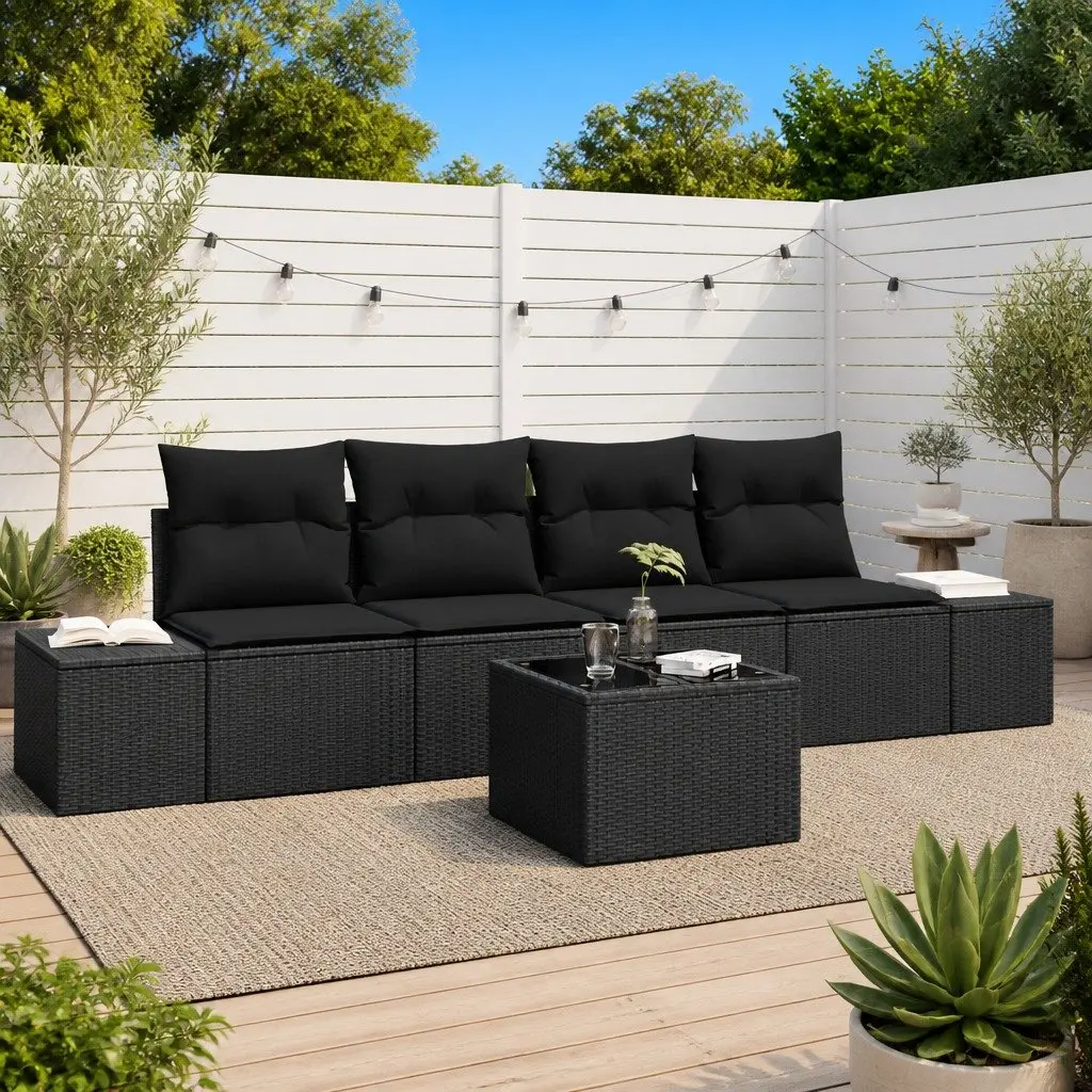 Outdoor Sofa Set 5 Pieces Black Poly Rattan Modular Garden Patio Furniture with Cushions