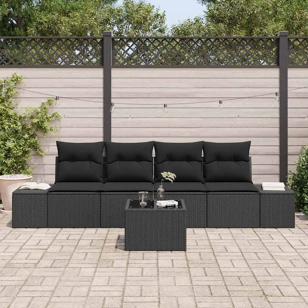Outdoor Sofa Set 5 Pieces Black Poly Rattan Modular Garden Patio Furniture with Cushions