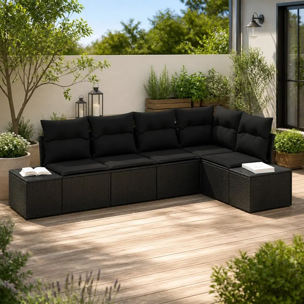 Outdoor Garden Sofa Set 5 Pieces Modular Poly Rattan Weather Resistant Black