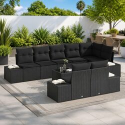 Outdoor Garden Sofa Set 9 Pieces Black Poly Rattan Modular Seating with Cushions