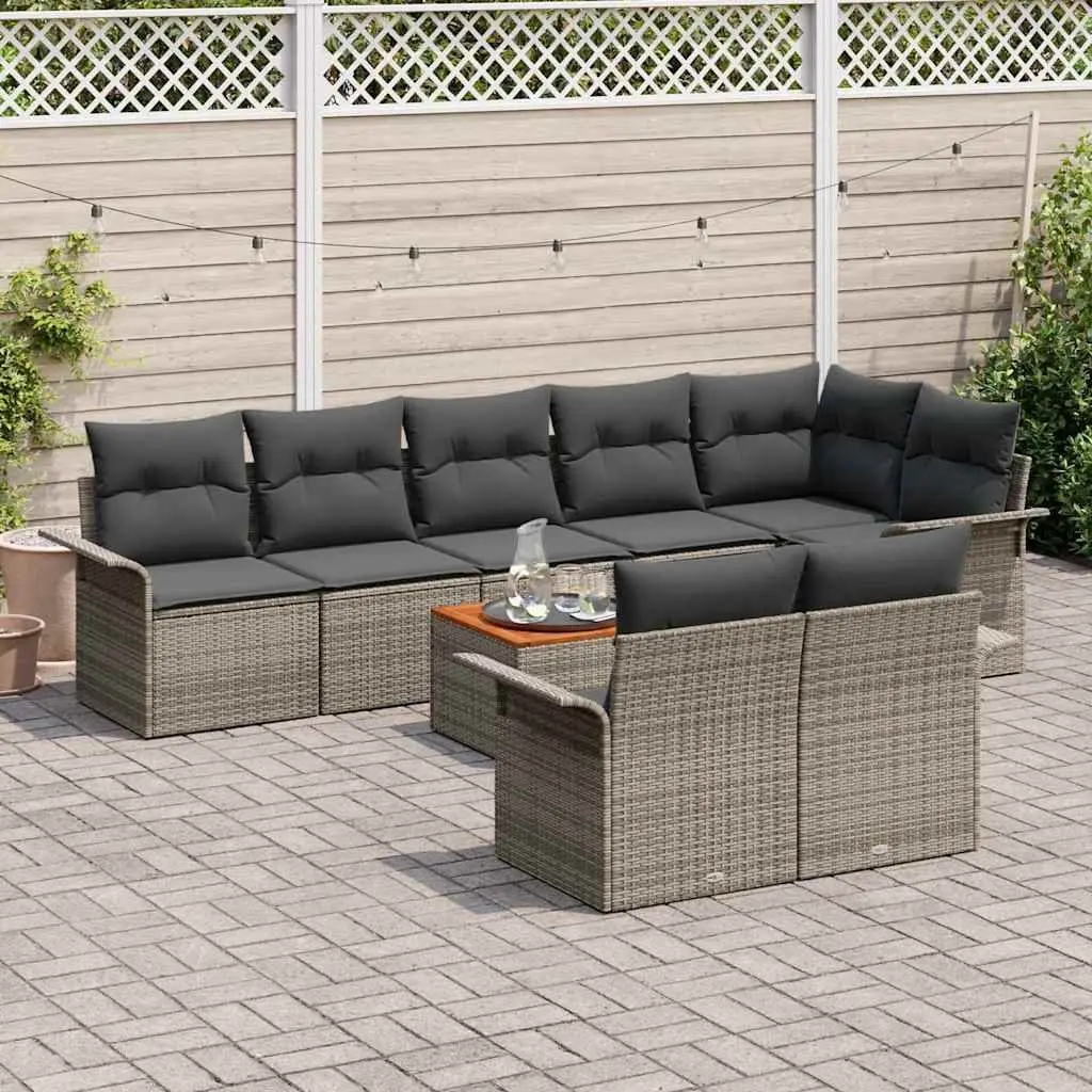Modular Outdoor Furniture Garden Sofa Set 9 Pieces Grey Poly Rattan with Acacia Wood Accents for Patio and Balcony