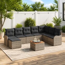 Modular Garden Sofa Set 9 Pieces Grey Poly Rattan Outdoor Patio Furniture with