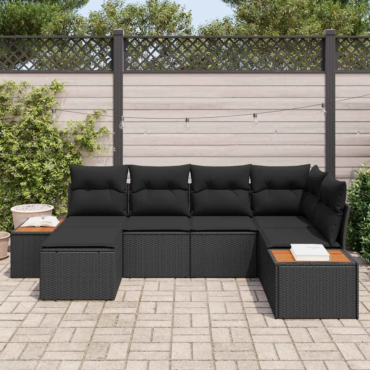 Garden Sofa Set 6 Pieces Black Poly Rattan Outdoor Furniture with Cushions